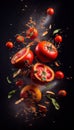 Group of Red Tomatoes Vegetable Creatively Falling-Dripping Flying or Splashing on Black Background Generative AI Royalty Free Stock Photo
