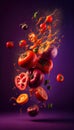 Group of Red Tomatoes Vegetable Creatively Falling-Dripping Flying or Splashing on Purple Background AI Generative Royalty Free Stock Photo