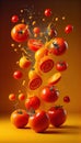 Group of Red Tomatoes Vegetable Creatively Falling-Dripping Flying or Splashing on Yellow Background AI Generative Royalty Free Stock Photo