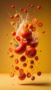 Group of Red Tomatoes Vegetable Creatively Falling-Dripping Flying or Splashing on Yellow Background Generative AI Royalty Free Stock Photo