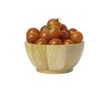 Group red tomatoes in a wooden bowl isolated on the white background