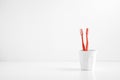 Group of red toothbrush in a plastic cup with a blank space for a text Royalty Free Stock Photo