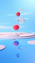 A group of red and white balls floating on top of a body of water, surreal glass sculpture. Royalty Free Stock Photo