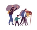 Group of refugee people carrying huge bags with things vector flat illustration. Man, woman and child illegal migrants