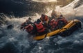 group of refugees in life jackets on rubber boat in middle of raging waves in the ocean migration crisis problems