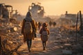 a group of refugees with backpacks leave the destroyed city