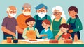 A group of retired residents teaching a younger generation the art of woodworking in the shared community workshop Royalty Free Stock Photo