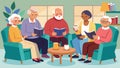 A group of retired seniors gathered in the common room of their retirement community for their midweek Bible study. With