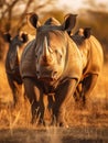 Group of rhinos walking through grassy field Royalty Free Stock Photo