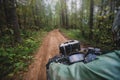 Group of riders riding atv vehicle on off road track, process of driving ATV vehicle, all terrain quad bike vehicle, during Royalty Free Stock Photo