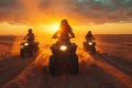 Group riding ATVs in desert at sunset, kicking up clouds of dust