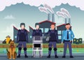 Group of riot polices with uniforms and dog characters Royalty Free Stock Photo