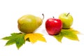 Group of ripe juicy fruit with yellow autumn leafs on white back Royalty Free Stock Photo