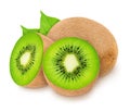 Group of ripe kiwis with leaves isolated on white background.