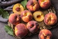 A group a ripe peaches in rustic bowl Royalty Free Stock Photo