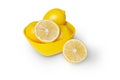 Group of ripe whole yellow lemon citrus fruit with lemon fruit half in yellow pot isolated on white background with clipping path Royalty Free Stock Photo