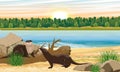 A group of river otters on the coast of a lake or river. Forest on the other side of the river. Eurasian otter Lutra lutra, The Eu