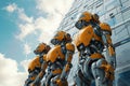 A group of robotic creatures standing together in front of a towering skyscraper, A team of construction robots working on a