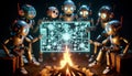 Group of robots analyzing holographic display by a campfire