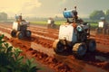 A group of robots cruise along a dusty dirt road in unison, Robots engaging in farming activities, AI Generated Royalty Free Stock Photo