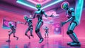 a group of robots dancing in a neon room. futuristic and cyberpunk style.