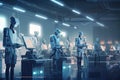 Group of robots in a modern factory. 3d rendering toned image double exposure, Futuristic AI robot workers working in an industry