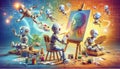 Group of Robots Painting on Canvas