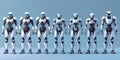 A group of robots standing together. Suitable for tech and innovation concepts