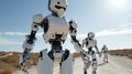 A group of robots walking down a dirt road, AI