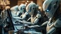 Group of robots working on a computer. Chatbot software application for modish online business that automatically reply to Royalty Free Stock Photo