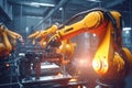 Group of robots working on a machine, suitable for technology concepts