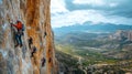 A group of rock climbers ascend a steep cliff face, with a breathtaking panoramic view of the mountains and valleys below Royalty Free Stock Photo