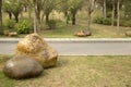 Group rocks ,alley and plants arranged in a park Royalty Free Stock Photo