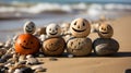 A group of rocks with carved faces on them in beach