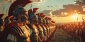 A group of Roman legionnaires clad in armor and armed, standing proudly in formation, ready for battle Royalty Free Stock Photo