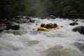 Group rowing on river. White water rafting. Generative AI