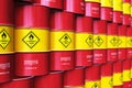 Group of rows of red stacked oil drums in storage warehouse Royalty Free Stock Photo