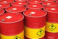 Group of rows of red stacked oil drums in storage warehouse Royalty Free Stock Photo