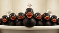 A group of rubber ducks sitting in a bathtub with their mouths open, AI Royalty Free Stock Photo
