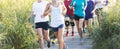 Group of runners on boardwalk at beach surrounded by tall grass