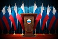 Group of Russian flags standing next to lectern in the conference hall. 3D illustration