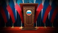 Group of Russian flags standing next to lectern in the conference hall. 3D illustration