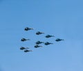 A group of Russian military aircraft fighter planes in the sky.