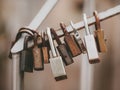 Group of rusted padlock on iron rod