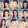 Group of sad angry people hiding real emotions behind clown mask Royalty Free Stock Photo