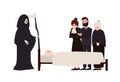 Group of sad people dressed in mourning clothes and Grim Reaper with scythe standing near dead person. Grieving