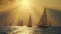 A group of sailboats being guided by the warm embrace of the suns rays adding a touch of magic to the seascape Royalty Free Stock Photo