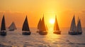 A group of sailboats on a calm sea, their masts forming dark outlines against the setting sun