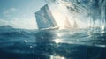 a group of sailboats floating on top of a body of water next to an iceberg under a blue sky with clouds and sun