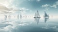 a group of sailboats floating on top of a body of water under a cloudy blue sky with white clouds and a few smaller sailboats in